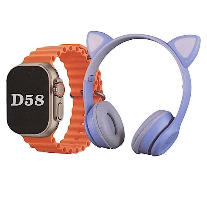 D58 Ultra 4 In1 Straps Bluetooth Wireless Charging Smart Watch With 1 Head Phone