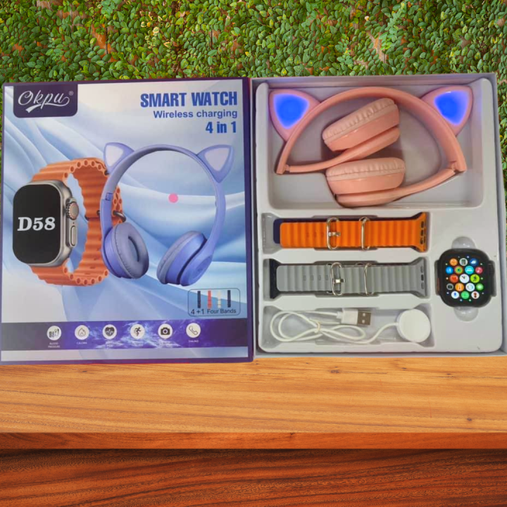 D58 Ultra 4 In1 Straps Bluetooth Wireless Charging Smart Watch With 1 Head Phone